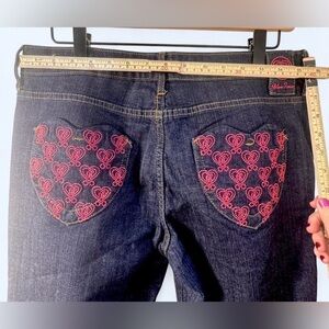 Y2k Coquette Blue Time Size 11 Dark Wash Semi-Boot Cut Embroidered Heart Pockets